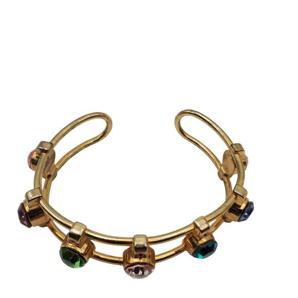 Modernist Crystal Wire Cuff Bracelet Multi Color Faux Gem Boho Bangle Open Work - Picture 6 of 8